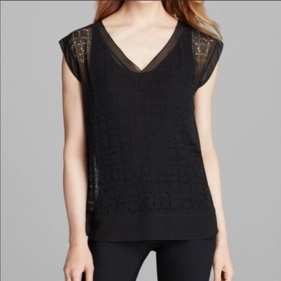 Eileen Fisher PS Black Laser Cut Cap Sleeve Top - Picture 2 of 6